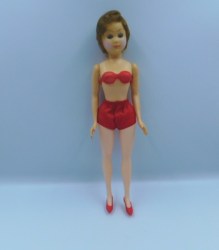 12" 1960S BRUNETTE HARD PLASTIC FASHION DOLL RED 2 PIECE SUIT, HEELS IN BAGGIE